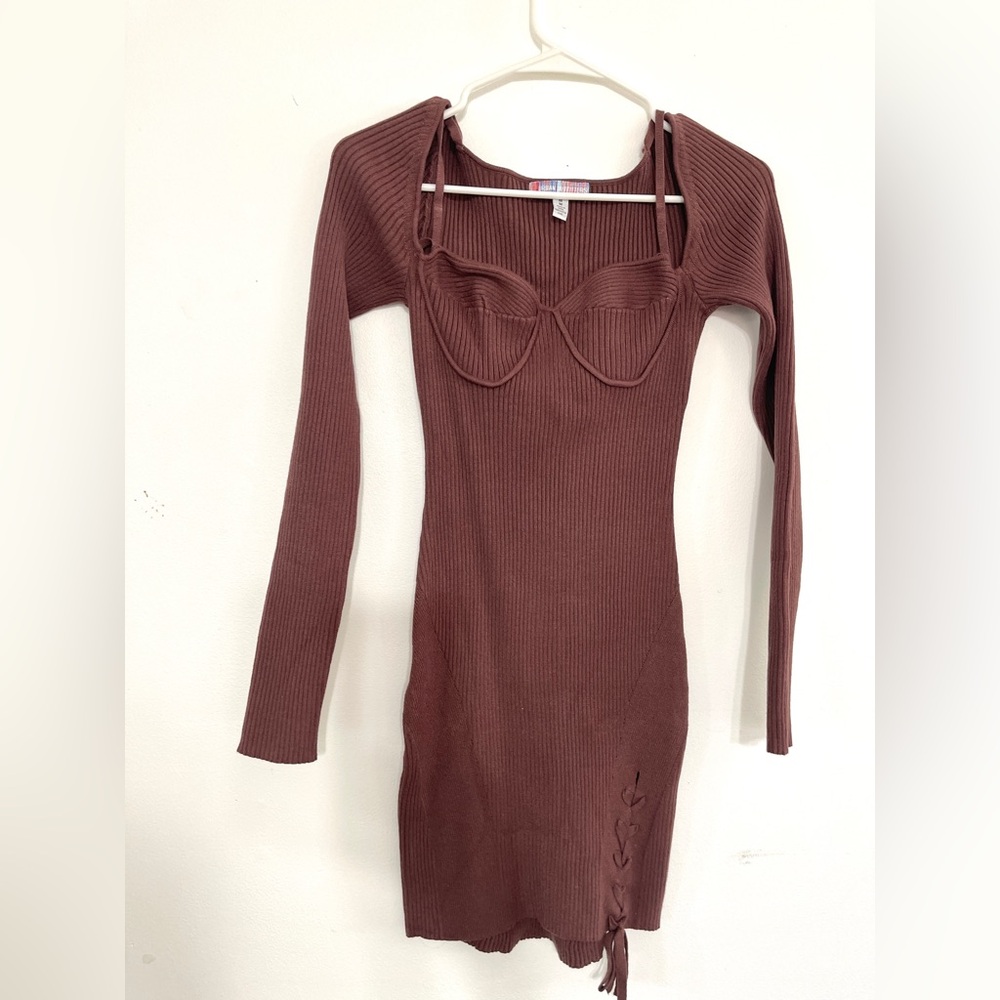 Urban Outfitters brown bodycon mini dress flattering trendy long sleeve dress